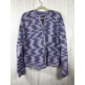 Hand Knit Purple Cardigan L Silver Button Crochet Sweater Boho Cozy